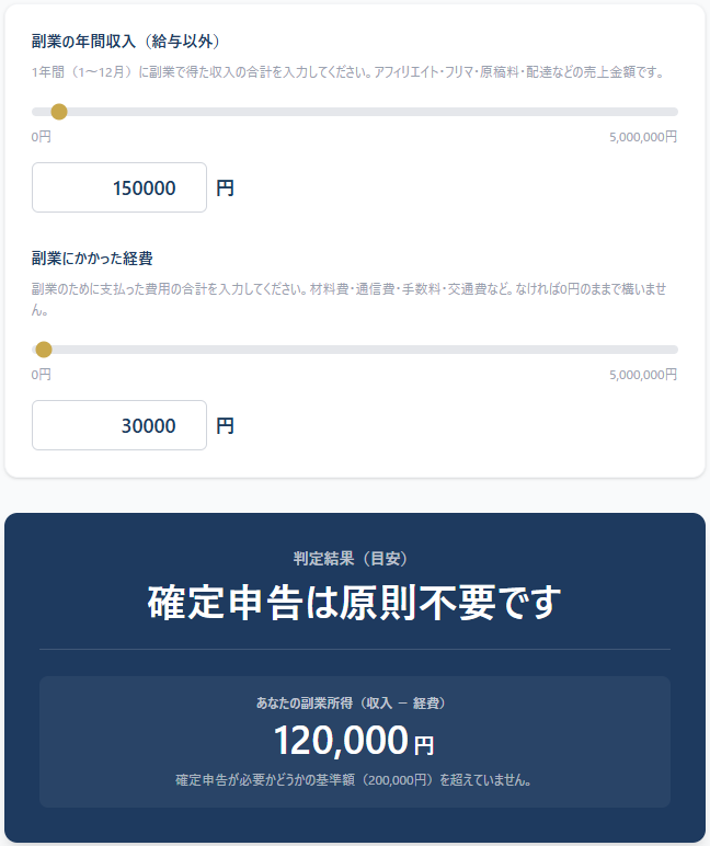 ゼイカル_副業チェッカー_申告不要なケース
